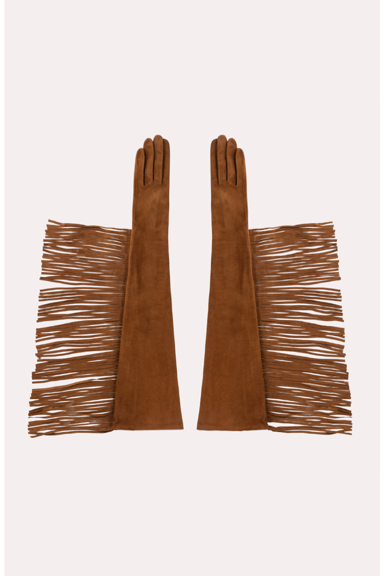 Runway Fringe Long Leather Gloves, Main, color, Bronze