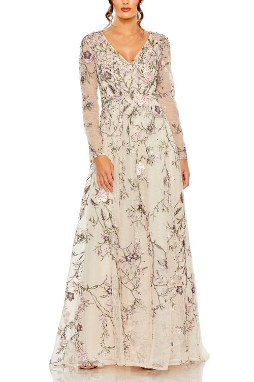 Mac Duggal V Neck Long Sleeve Embroidered Gown In Blush
