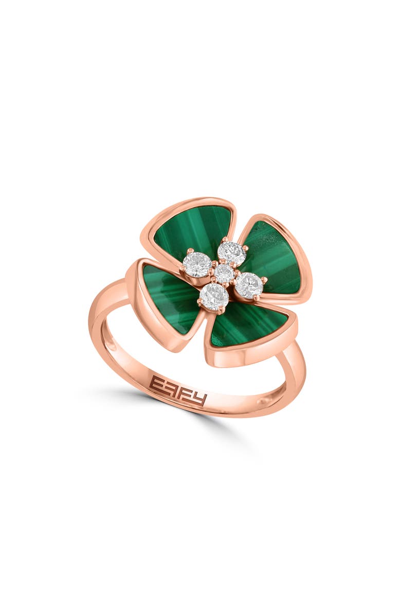 14K Yellow Gold Malachite & Diamond Flower Ring