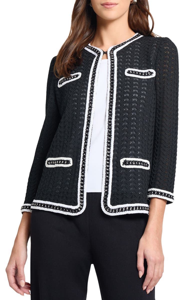 Misook Heritage Chain Trim Pointelle Knit Jacket, Main, color, Black/White