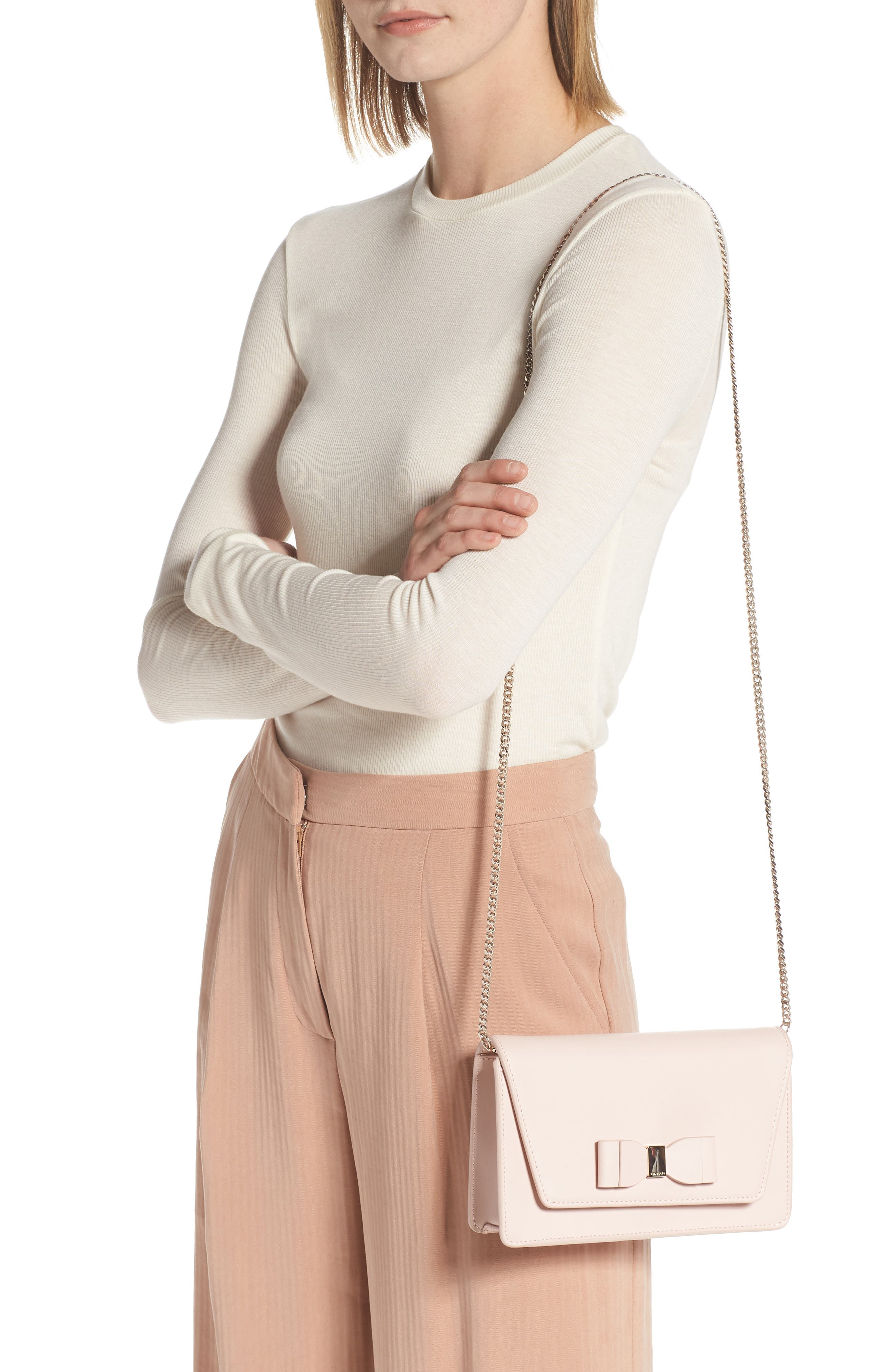 Keeiira Bow Leather Evening Bag, Alternate, color, DUSKY-PINK