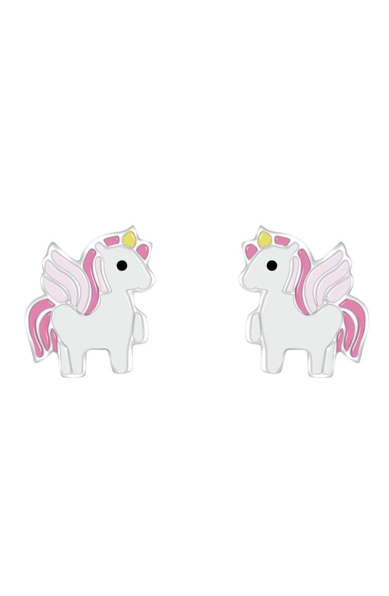 Little Miss Zoe Kids' Sterling Silver Winged Unicorn Stud Earrings in Gift Bottle, Alternate, color, White/ Pink