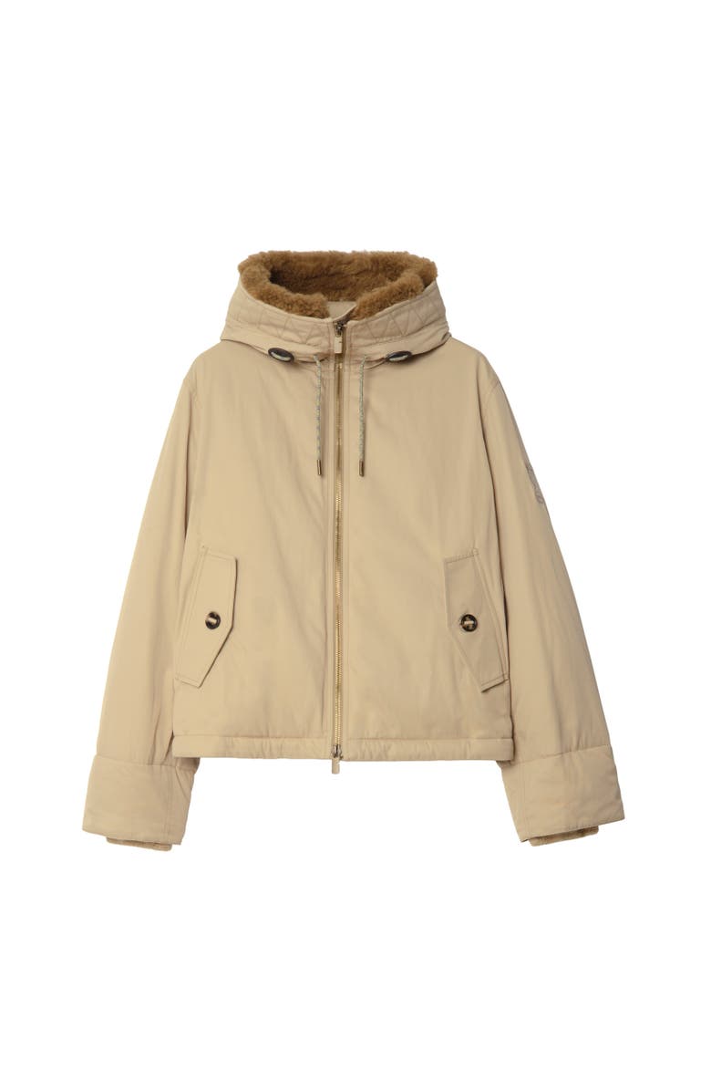Burberry Shearling Trim Gabardine Hooded Jacket, Alternate, color, Hamper Beige