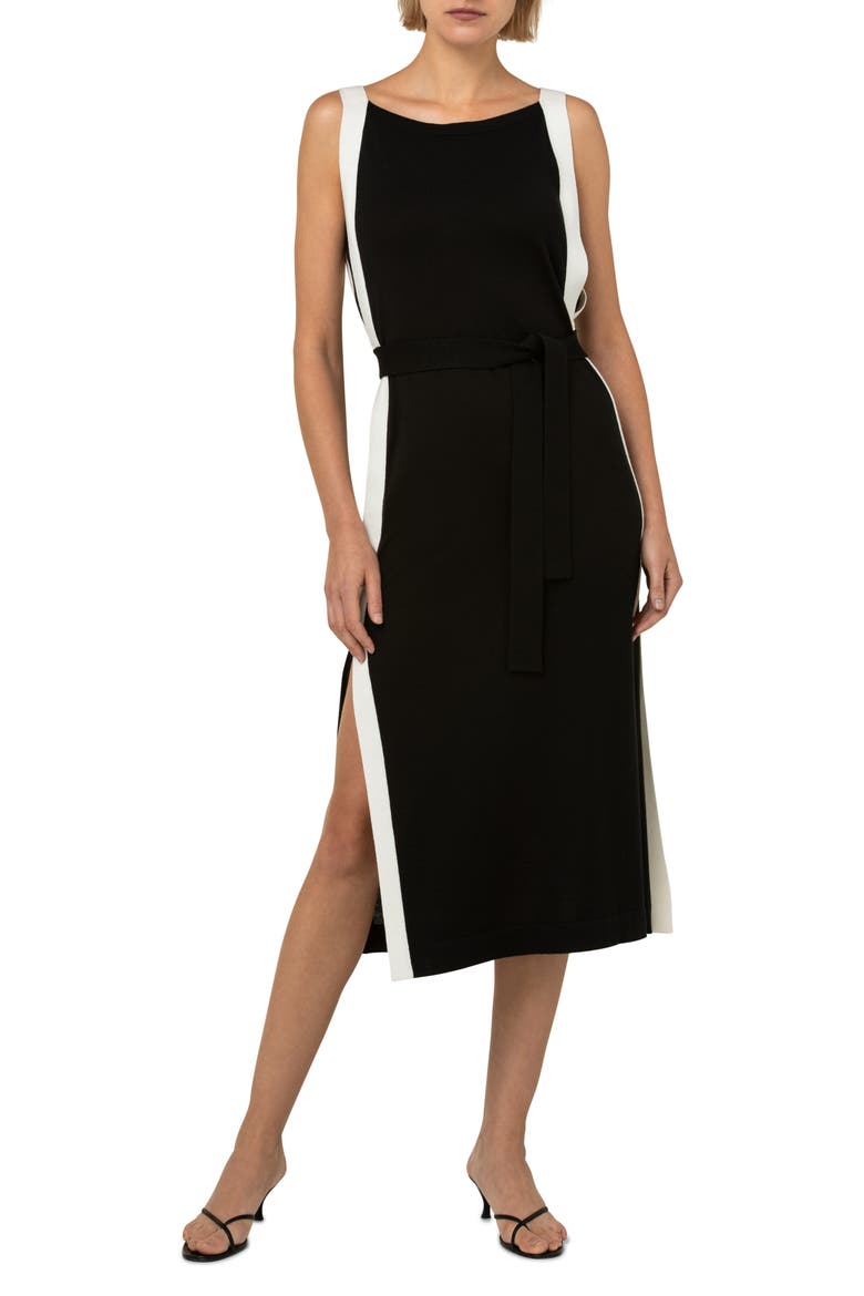 Bateau Neck Stretch Silk Midi Dress, Main, color, BLACK/ ECRU