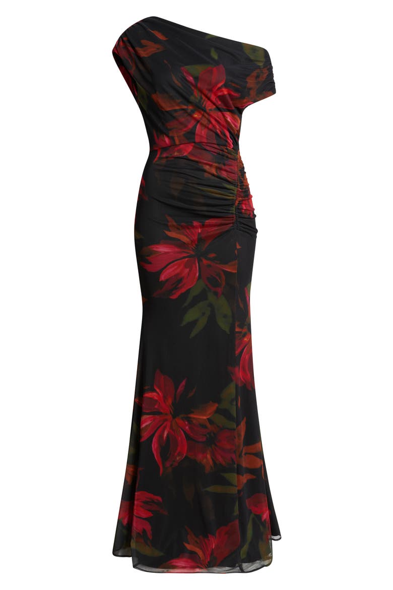 Floral One-Shoulder Mesh Gown, Alternate, color, BLACK MULTI