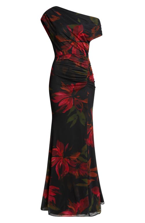 Vince Camuto Floral One-shoulder Mesh Gown In Multi