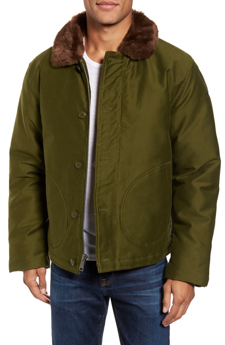 Schott NYC Faux Fur Collar Water-Repellent Corduroy Down Jacket, Main, color, 