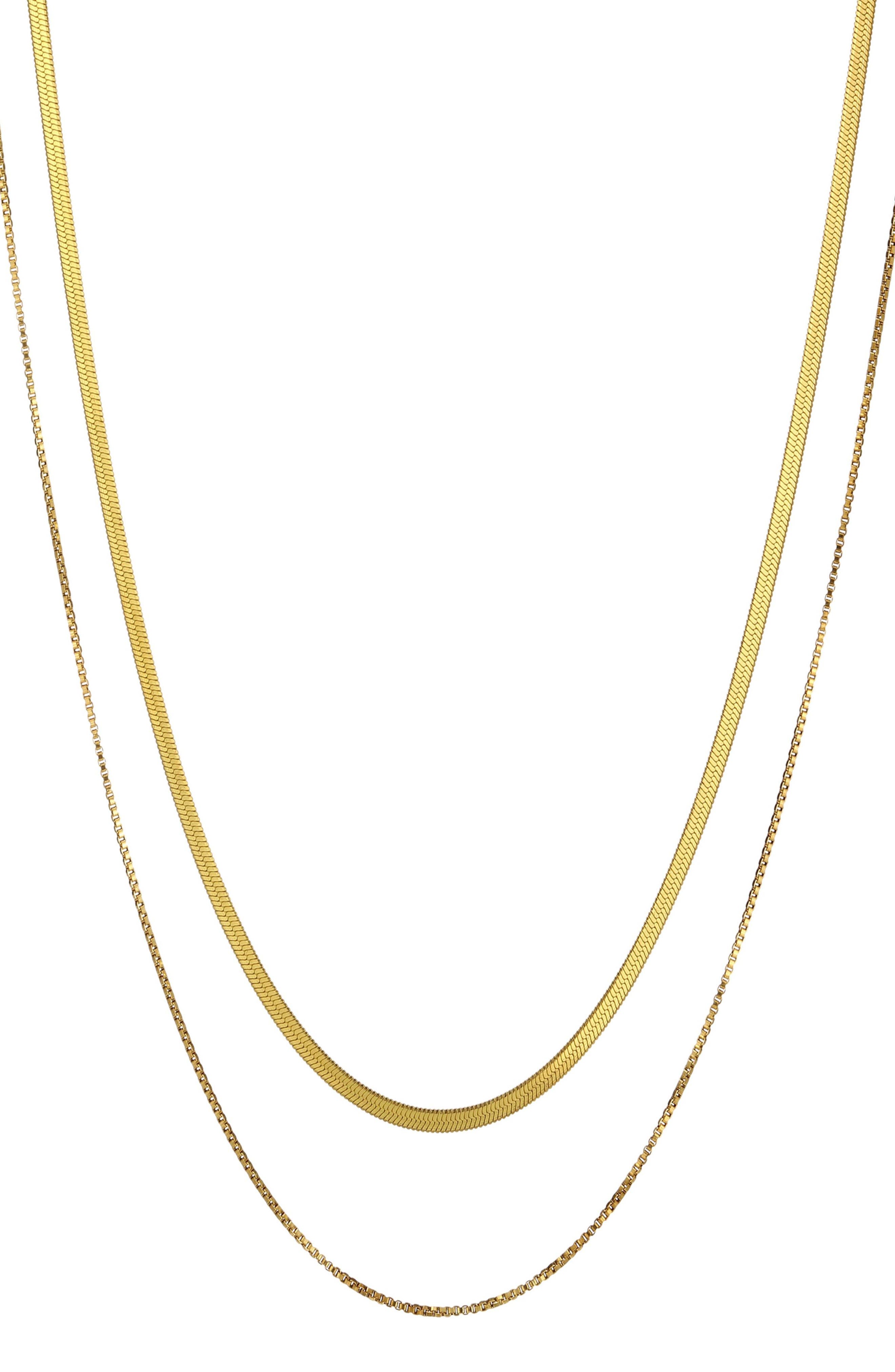 Tarnish Resistant 18K Gold Plate Layered Herringbone & Box Chain Necklace
