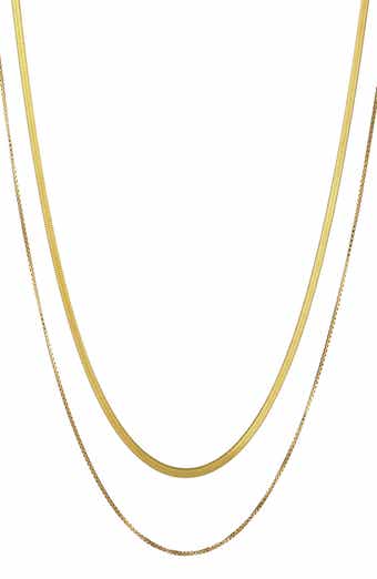 Tarnish Resistant 18K Gold Plate Layered Herringbone & Box Chain Necklace
