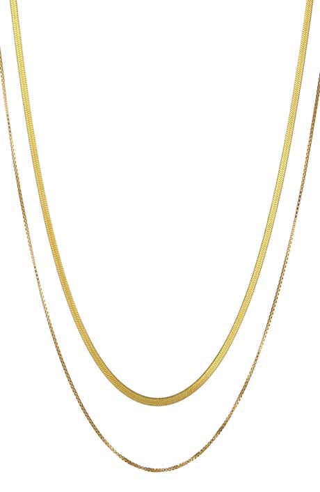 Tarnish Resistant 18K Gold Plate Layered Herringbone & Box Chain Necklace