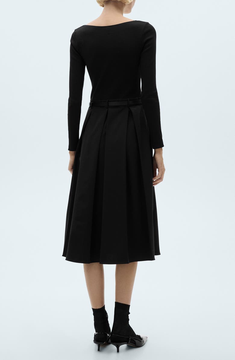 MANGO Diana Long Sleeve Belted Mixed Media Dress, Alternate, color, Black