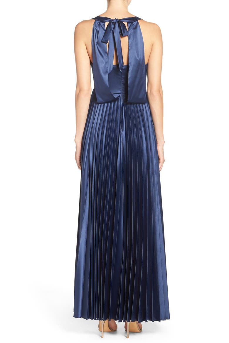 Bow Back Pleat Satin Gown, Alternate, color, NAVY