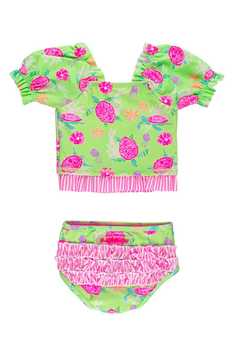 RuffleButts UPF50+ Puff Sleeve Ruffle Tankini 2-Piece Swimsuit, Alternate, color, Neon Turtle Tide