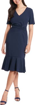 London Times Side Knot Scupa Crepe Flounce Dress