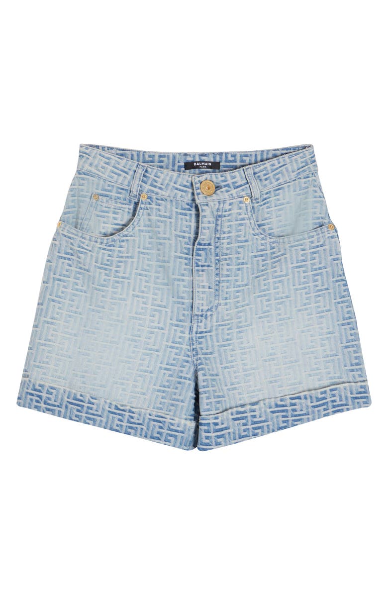 Balmain Monogram Jacquard High Waist Denim Shorts, Alternate, color, 