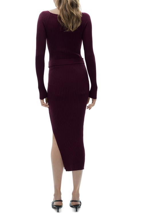 Mango Long Sleeve Rib Knit Midi Dress In Maroon