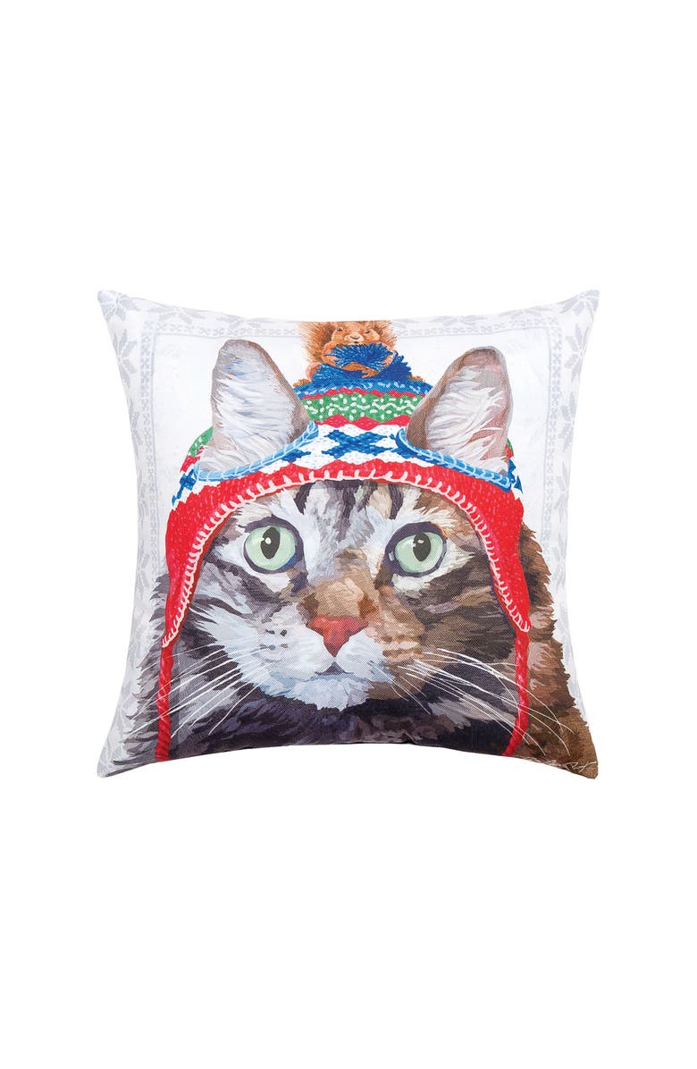 C&F Home Winter Hat Cat Indoor/Outdoor Christmas Holiday Throw Pillow, 18" x 18", Main, color, Grey