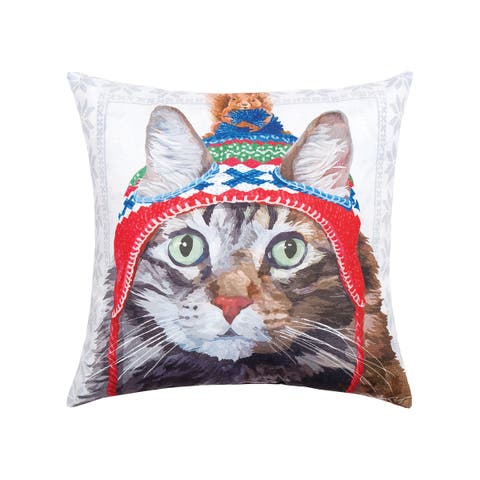 Winter Hat Cat Indoor/Outdoor Christmas Holiday Throw Pillow, 18" x 18"