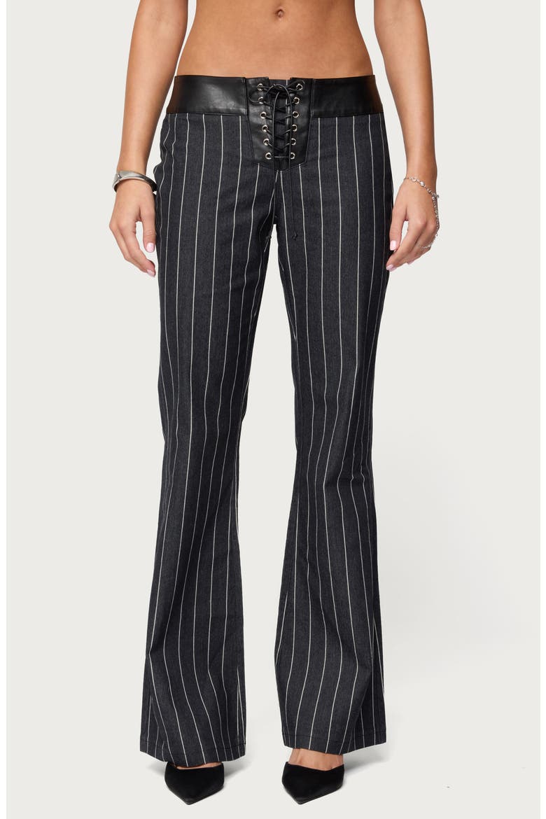 Pinstripe Faux Leather Waist Lace-Up Pants, Main, color, DARK-BLUE