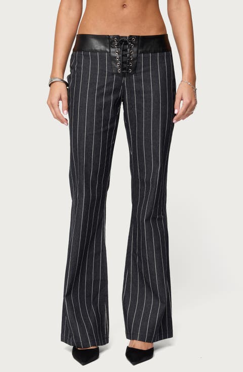Pinstripe Faux Leather Waist Lace-Up Pants