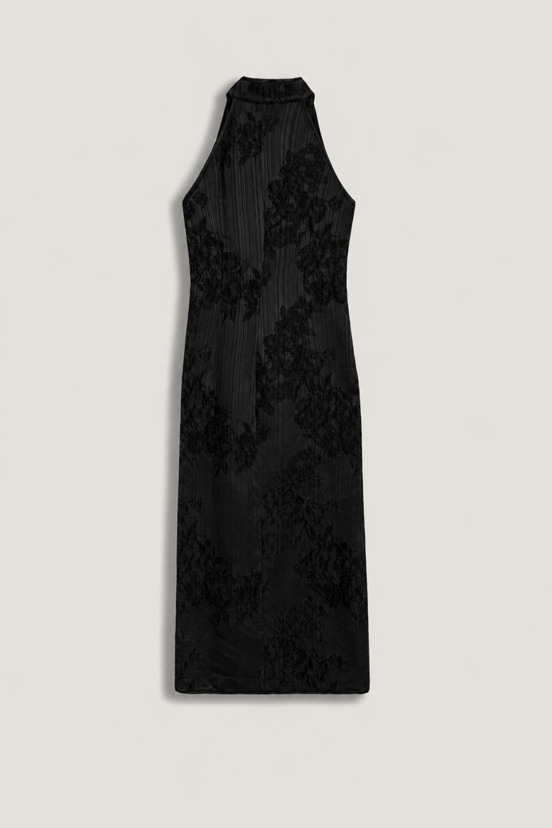 Jacquard Halterneck Midi Dress with Button Detail, Alternate, color, Black