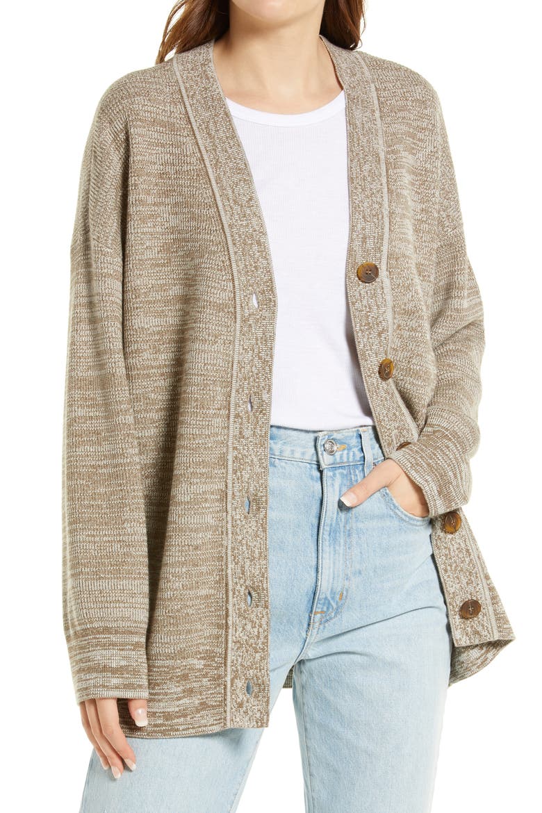 Cotton Blend Marled Cardigan, Main, color, BEIGE OAT HEATHER BROWN