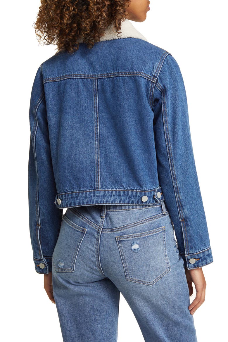 Crop Denim & Faux Shearling Jacket, Alternate, color, WHITE CLOUD
