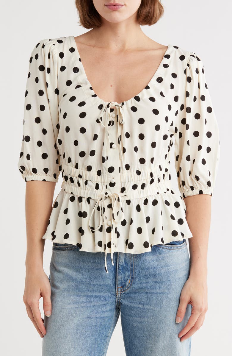 Vigoss Polka Dot Peplum Top, Main, color, Creme