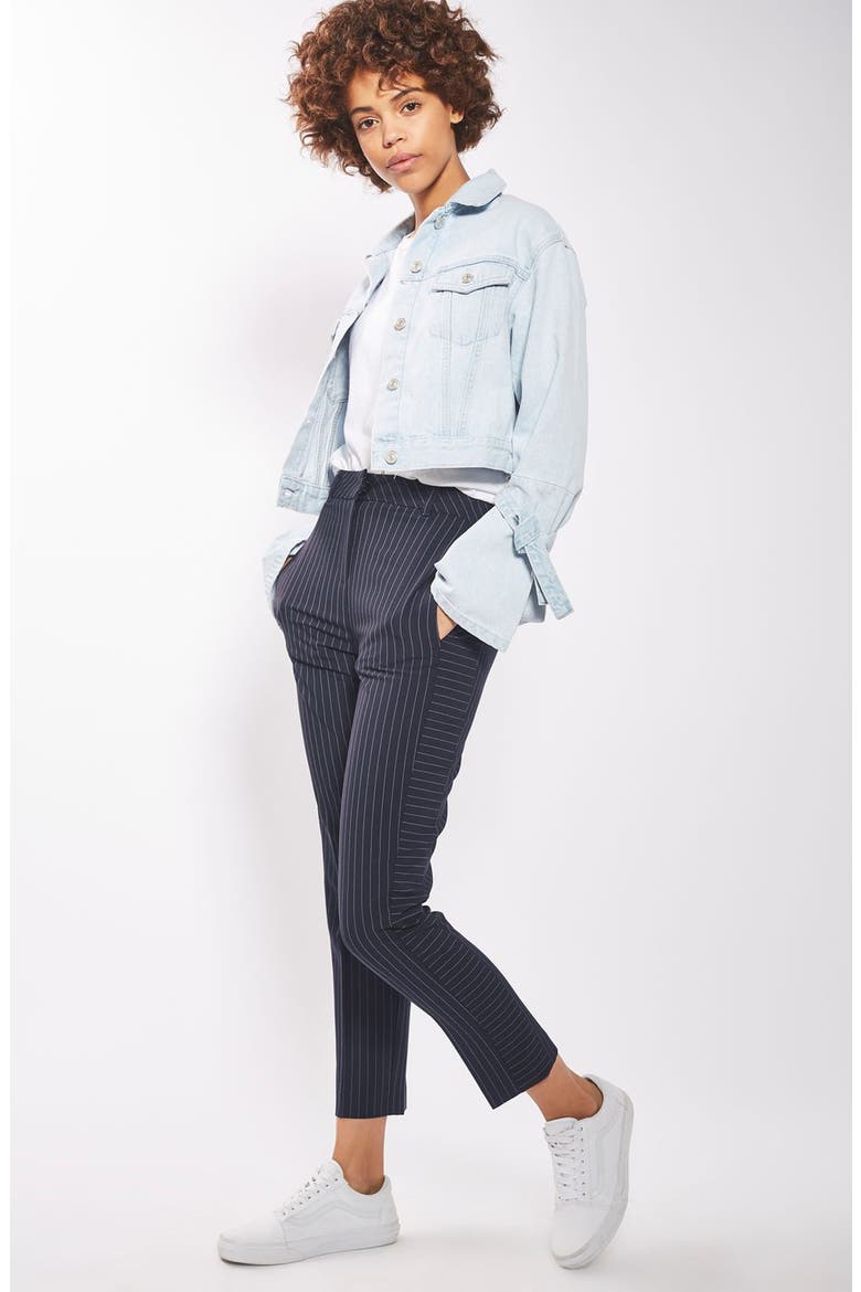 Cut About Pinstripe Cigarette Trousers, Alternate, color, NAVY BLUE