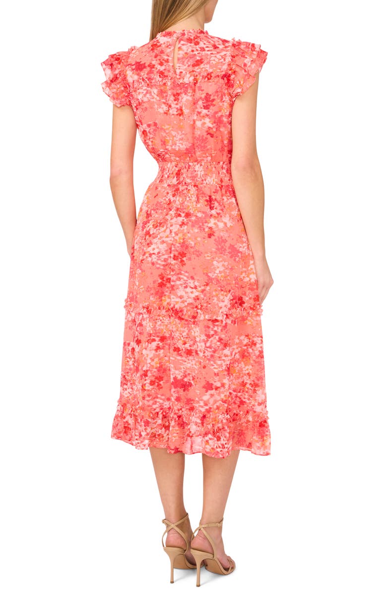 CeCe Floral Flutter Sleeve Smocked Midi Dress, Alternate, color, Deep Sea Coral