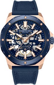 Kenneth Cole New York The Hollis Skeleton Automatic Silicone & Nylon Strap, 45mm