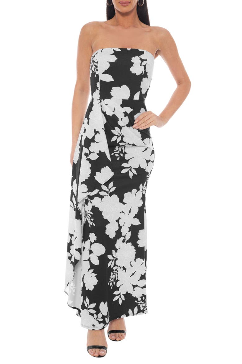 Printed Strapless Crepe Gown, Main, color, BLACK WHITE