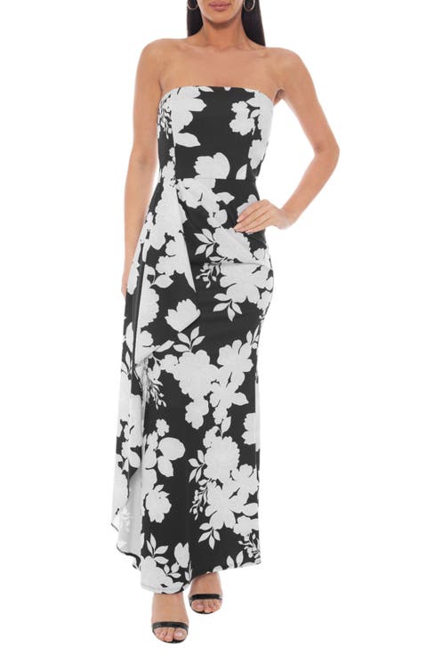 Printed Strapless Crepe Gown