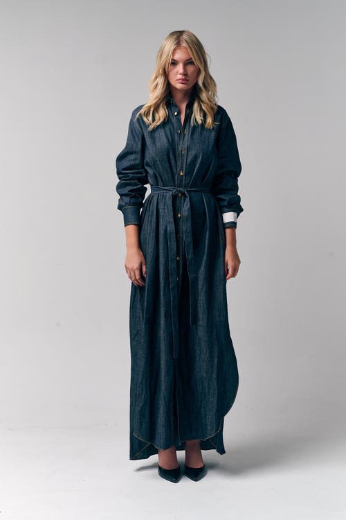 Le Fafo Maxi Belted Denim Shirtdress In Green