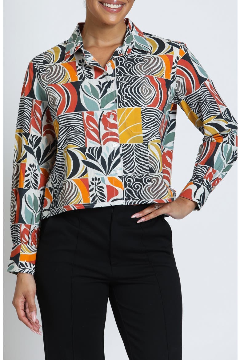 Print Cotton Button-Up Crop Shirt, Main, color, TERRACOTTA/MOSS