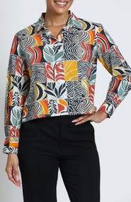 APNY Print Cotton Button-Up Crop Shirt