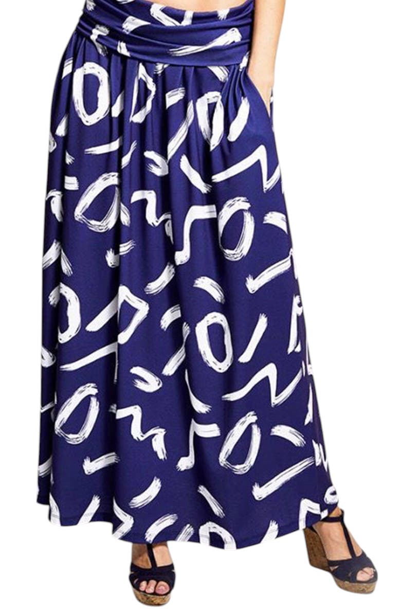 HotSquash London Clothing Luxury Roll Top Maxi Skirt, Main, color, Navy With White Brush Strokes