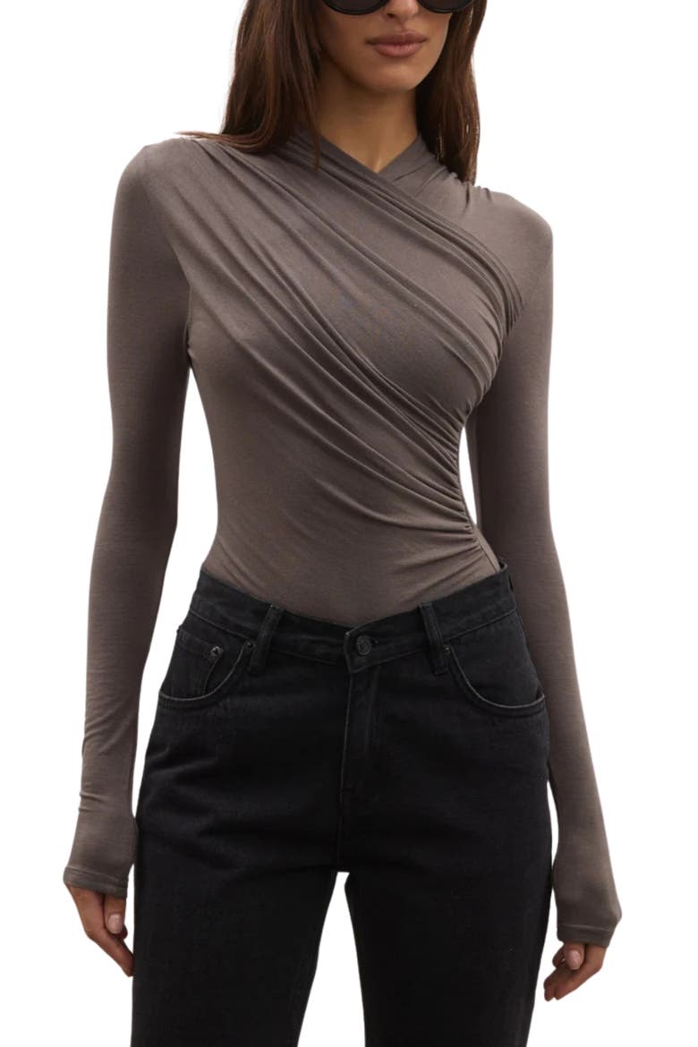 Amrita Ruched Long Sleeve Bodysuit, Alternate, color, SMOKE