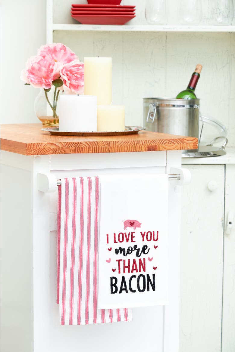 "I Love You More Than Bacon" Piggy 100% Cotton Flour Sack Valentine's Day Dishtowel, Alternate, color, red