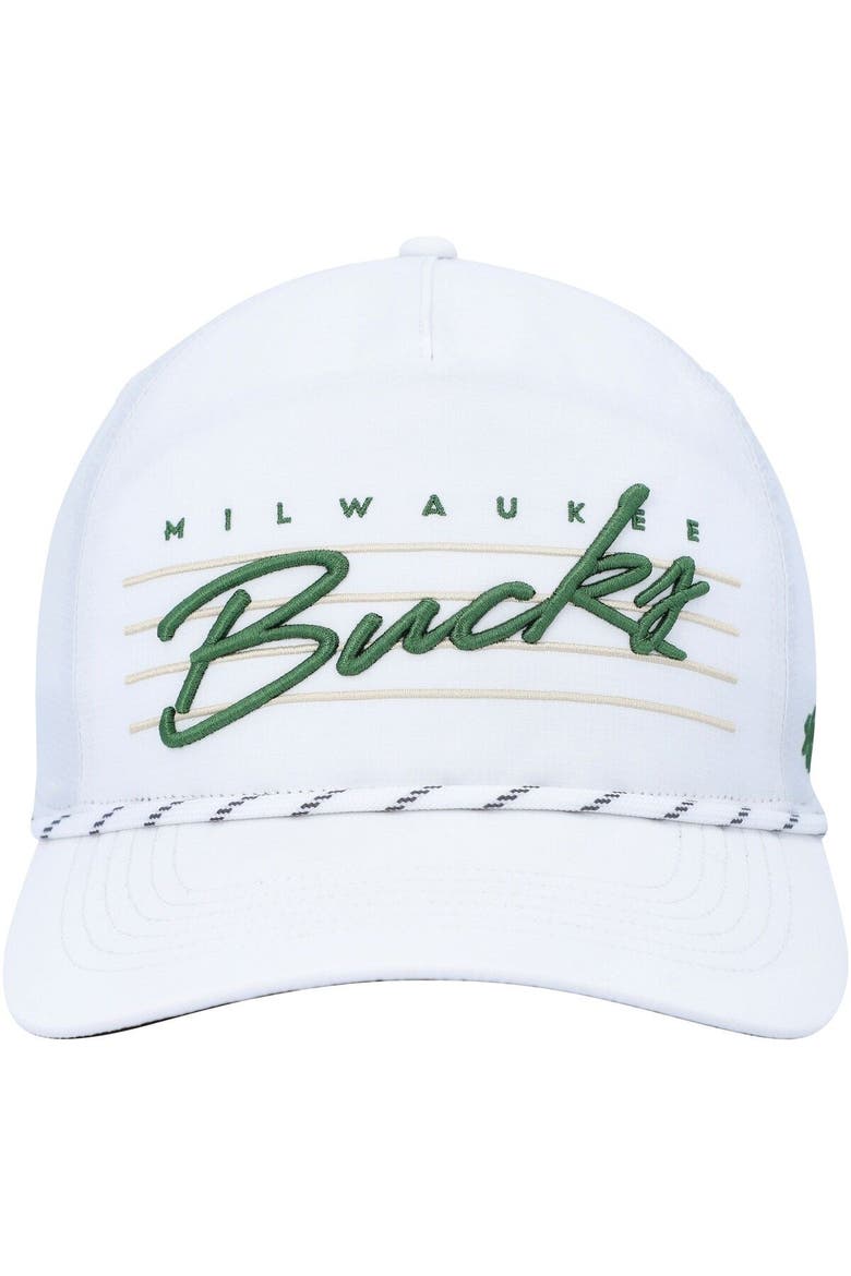 Men's '47  White Milwaukee Bucks Downburst Hitch Snapback Hat, Alternate, color, White