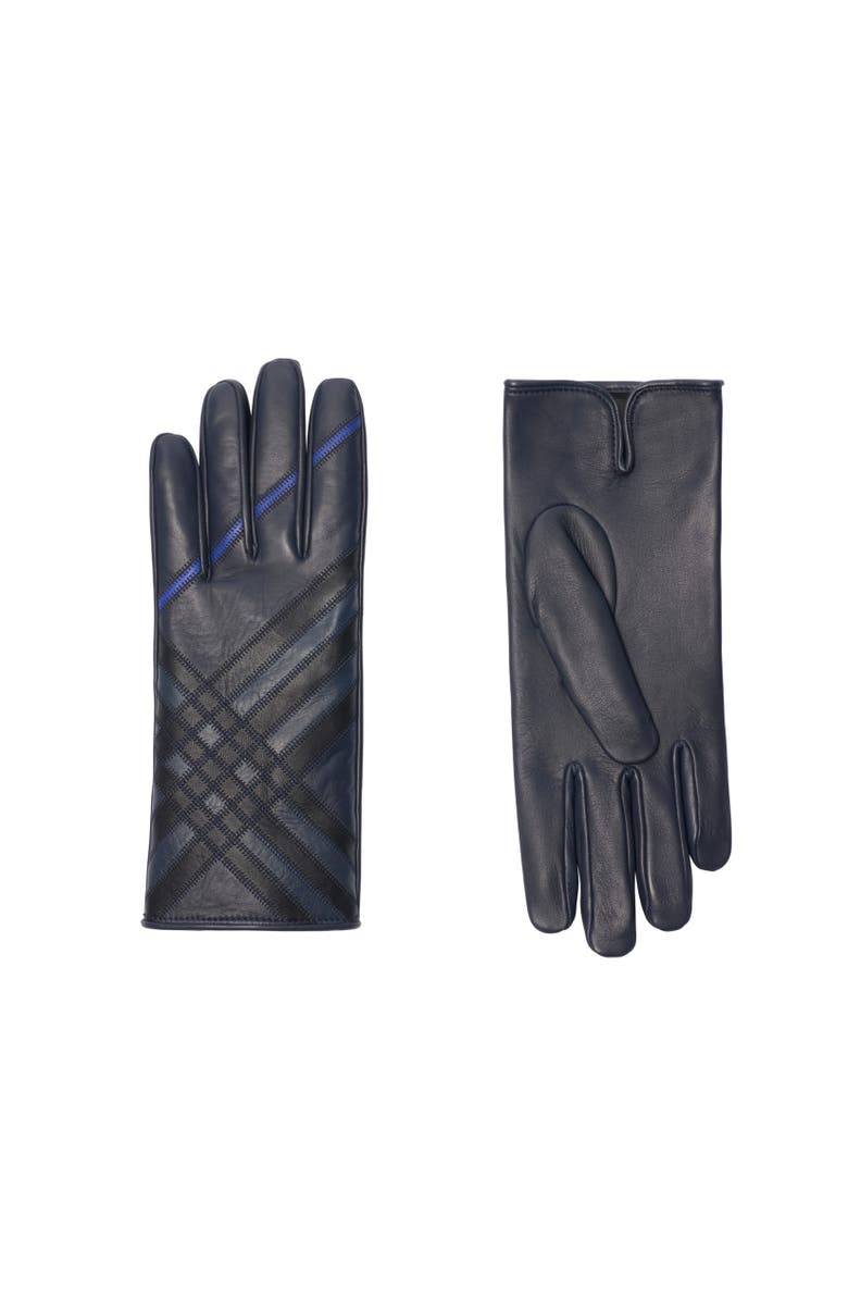 Burberry Check Intarsia Leather Gloves, Alternate, color, Storm Blue