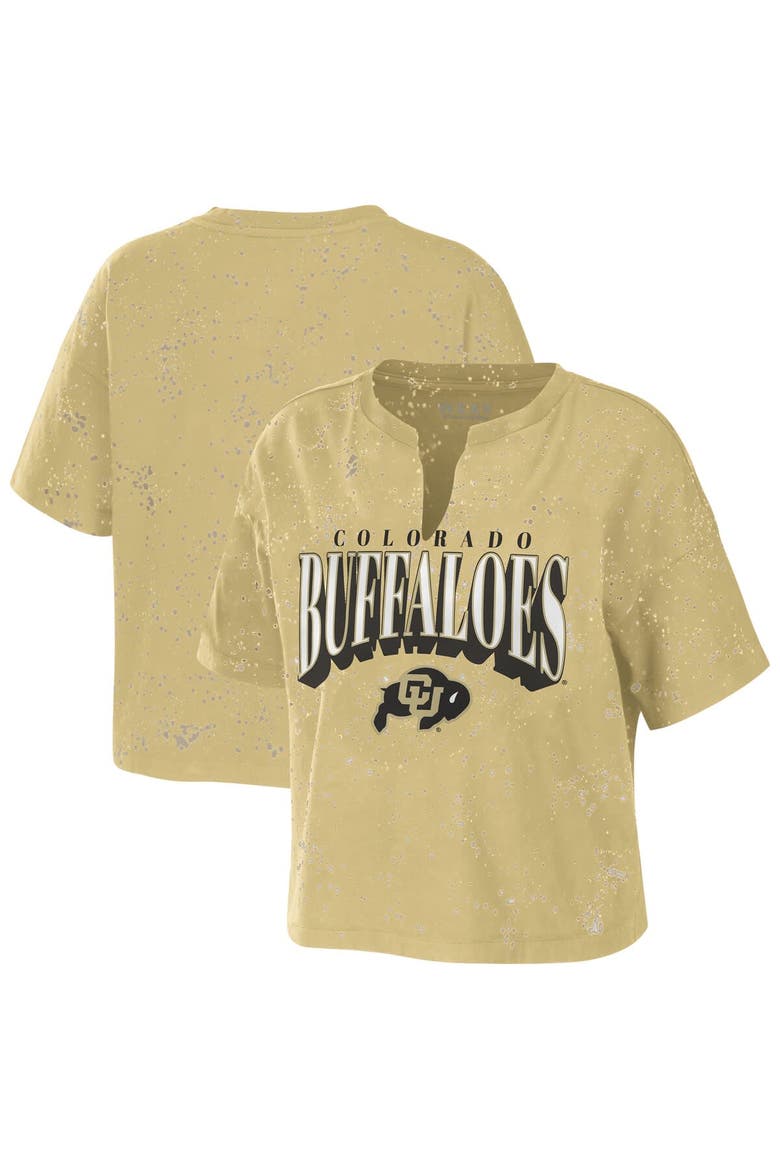 Women's WEAR by Erin Andrews Tan Colorado Buffaloes Bleach Wash Splatter Cropped Notch Neck T-Shirt, Alternate, color, Tan