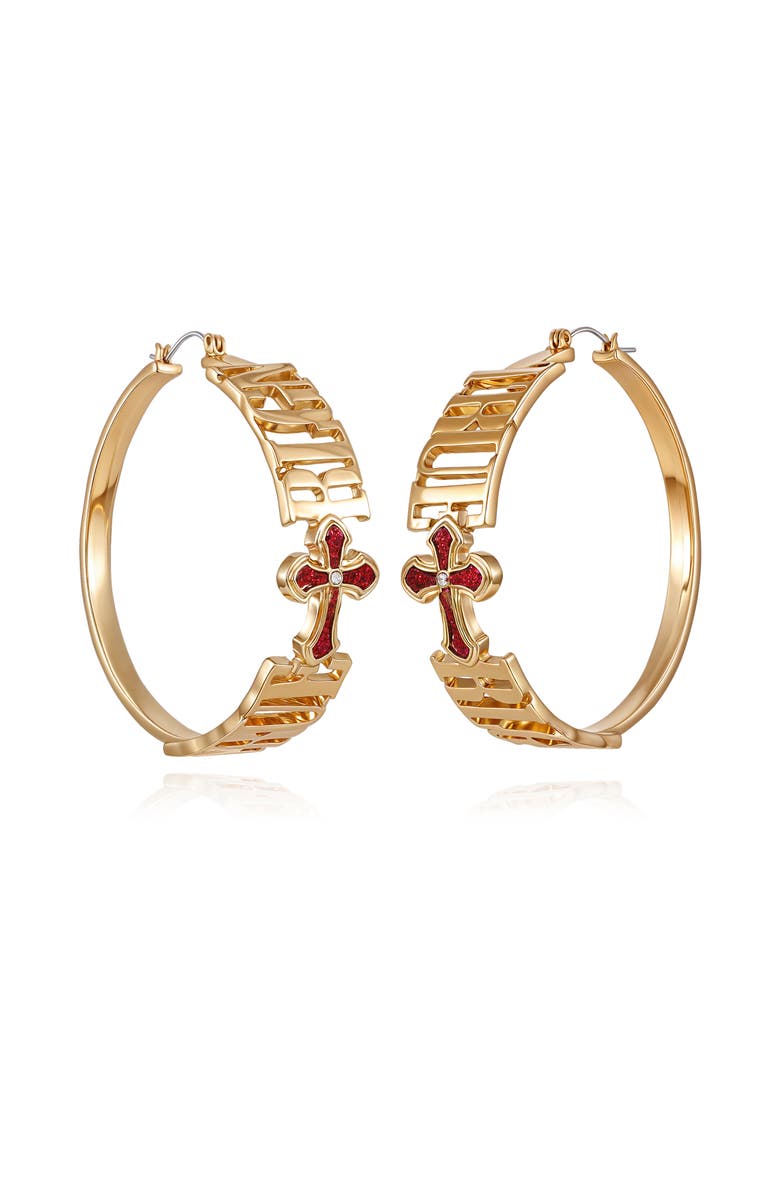 True Religion Logo Cross Hoop Earrings, Main, color, Gold Tone