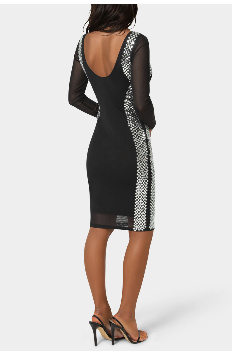 bebe BodyCon Embellished Knee Length Dress, Alternate, color, Black Silver