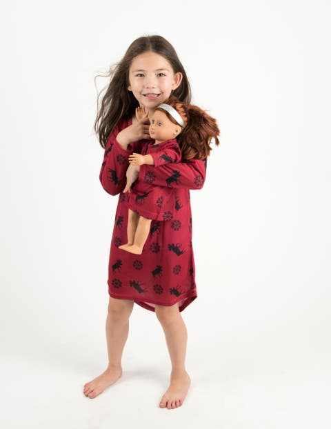 Girls Long Sleeve Nightgown with Matching Doll Nightgown, Printed Design