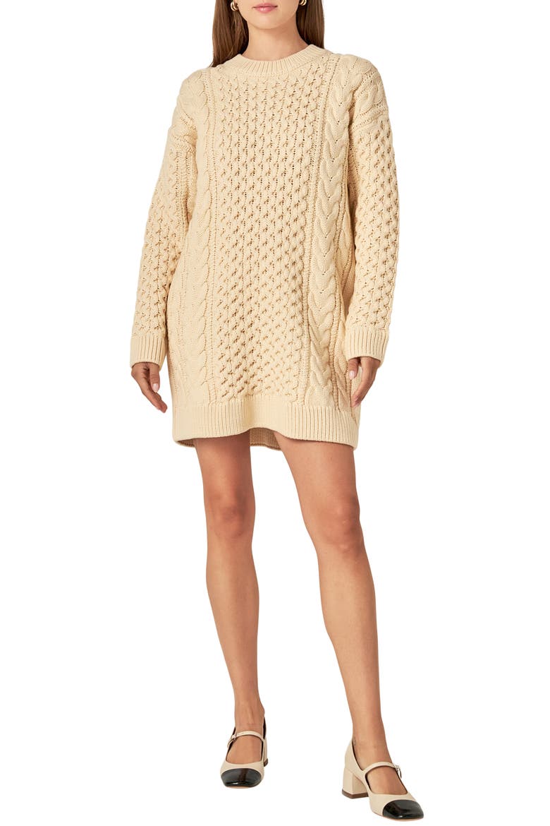 Cable Stitch Long Sleeve Sweater Dress, Main, color, CREAM