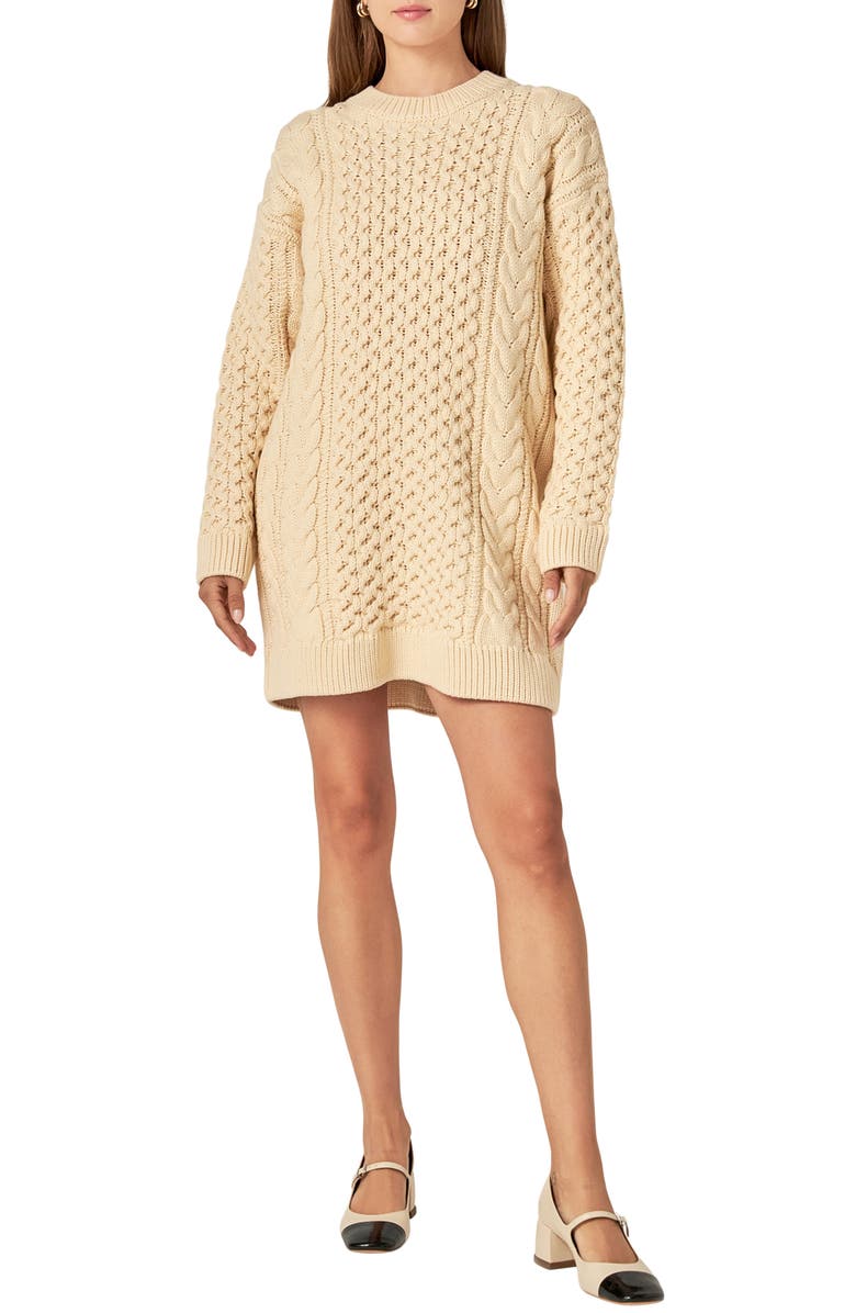 English Factory Cable Stitch Long Sleeve Sweater Dress, Main, color, Cream