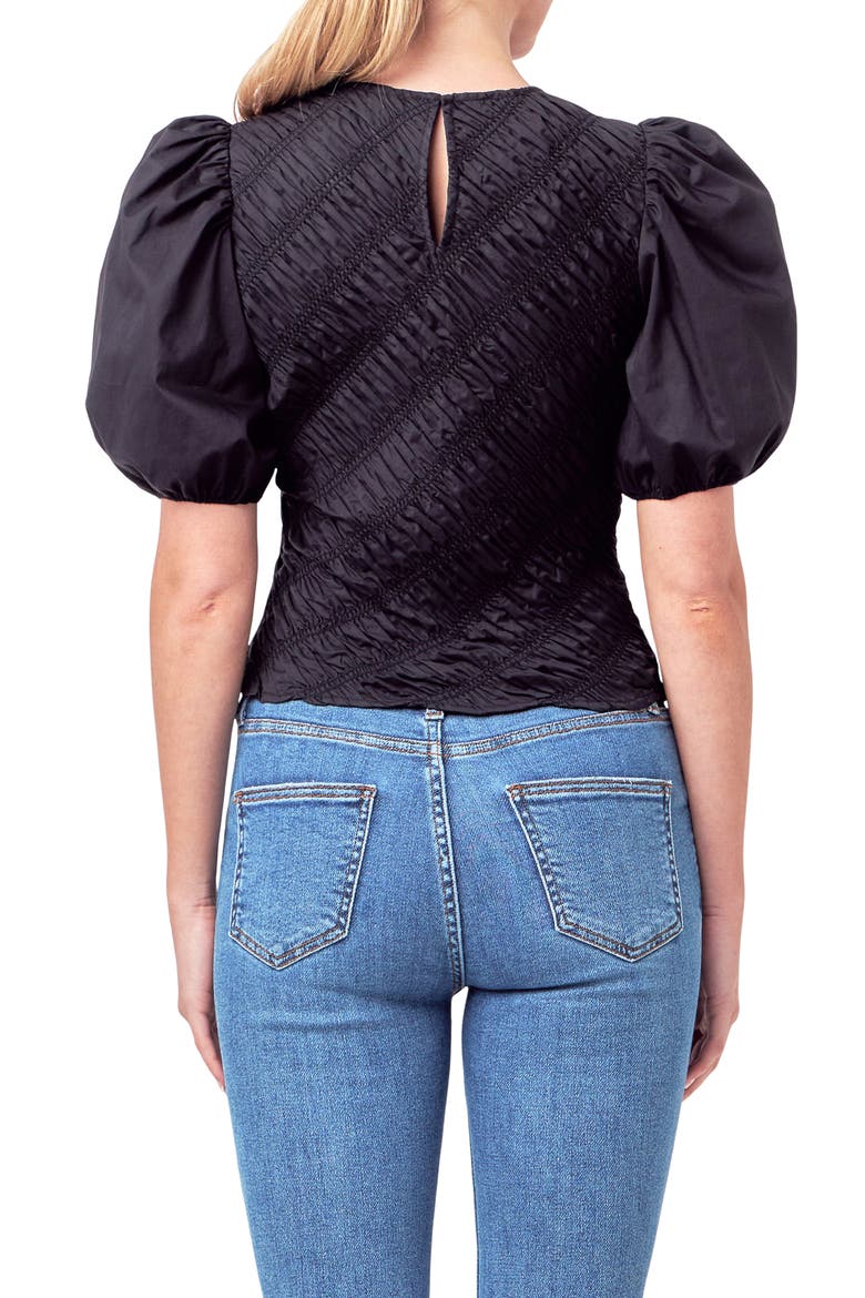 Asymmetric Shirred Puff Sleeve Top, Alternate, color, BLACK