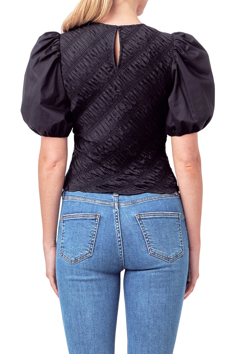 English Factory Asymmetric Shirred Puff Sleeve Top, Alternate, color, Black