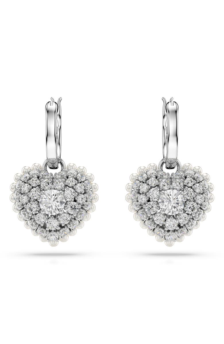 Swarovski Idyllia Crystal, Faux Pearl & Cubic Zirconia Heart Pendant Huggie Hoop Earrings, Alternate, color, White/ Silver